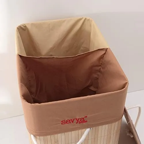 SAVYA HOME Bamboo Laundry basket with lid | Laundry bags for clothes | Foldable & Durable with liner bag | Perfect cloth basket, toys organiser storage | Light Brown (Pack of 1)