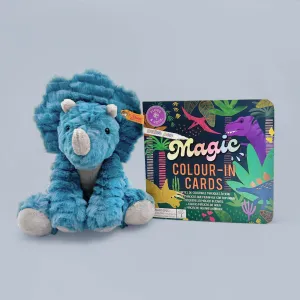 Steiff Dixi Triceratops with Floss & Rock Magic Colour-In Cards, Dinosaur