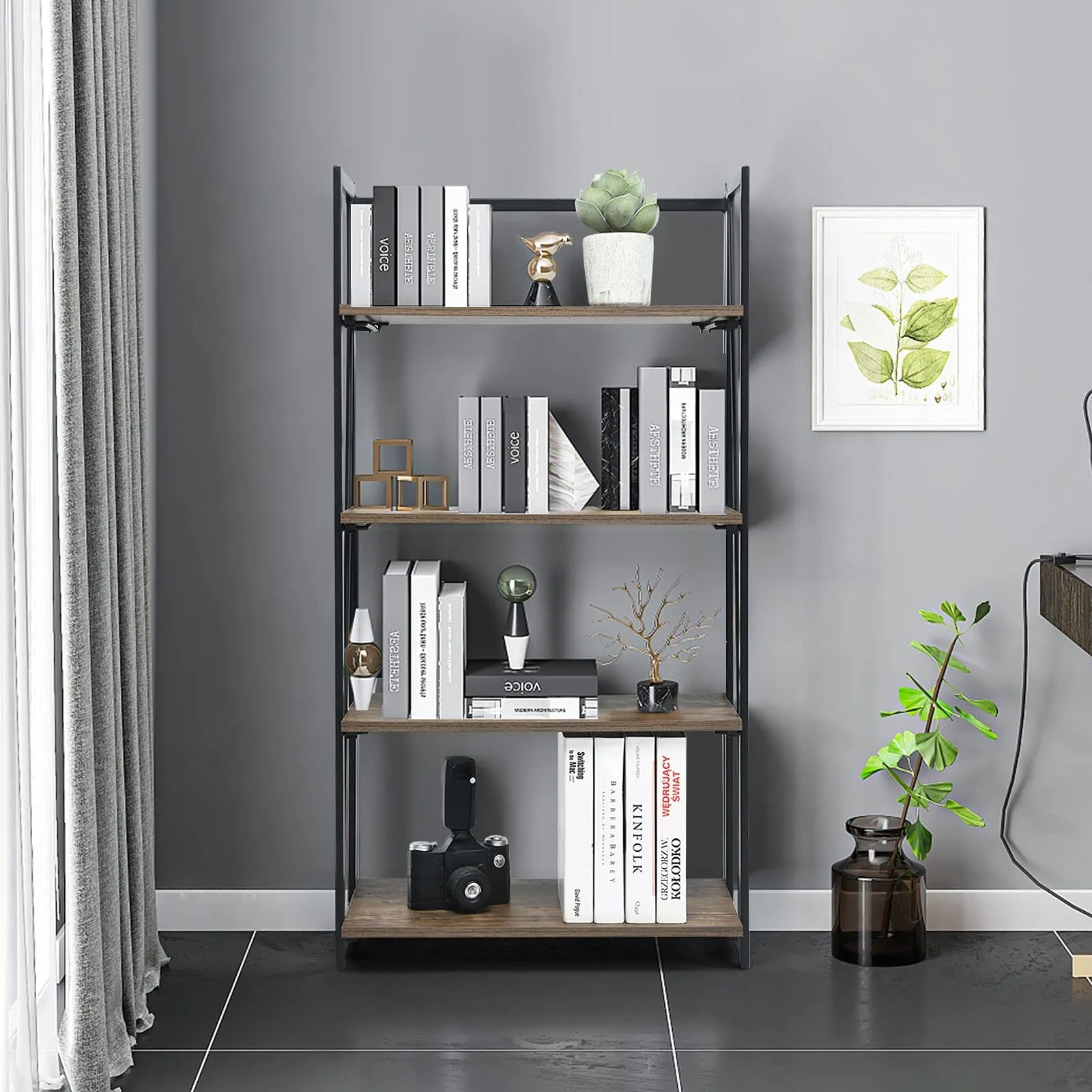 Tangkula 4-Tier Folding Bookshelf, No-Assembly Industrial Bookcase with Sturdy Iron Frame