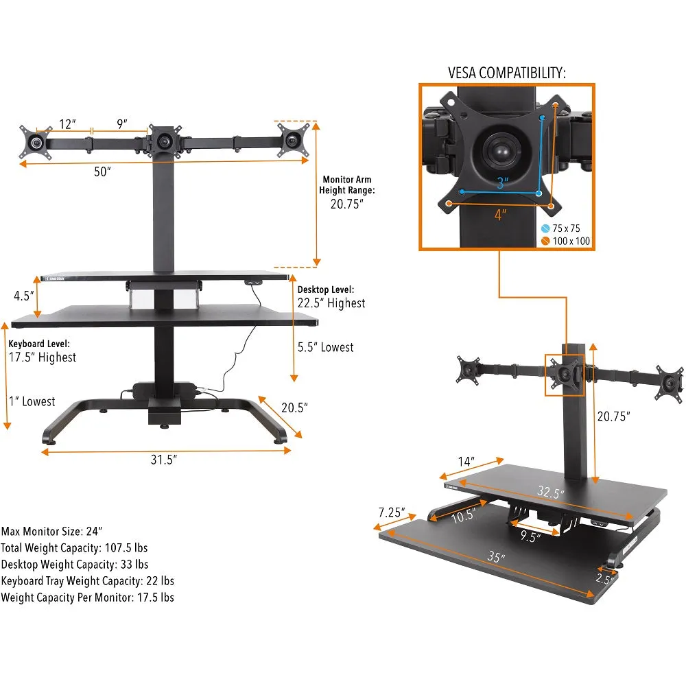 Techtonic Electric Standing Desk Converter with Monitor Mounts (2-3 Mount Options)