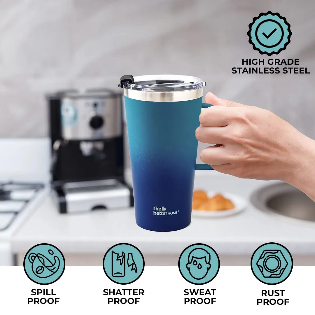 The Better Home 450 ml Insulated Coffee Cup Tumbler with Transparent Lid & Handle | Double Walled 304 Stainless Steel | Leakproof | 6 hrs hot & cold | Perfect For Travel, Home & Office | Aqua-Blue