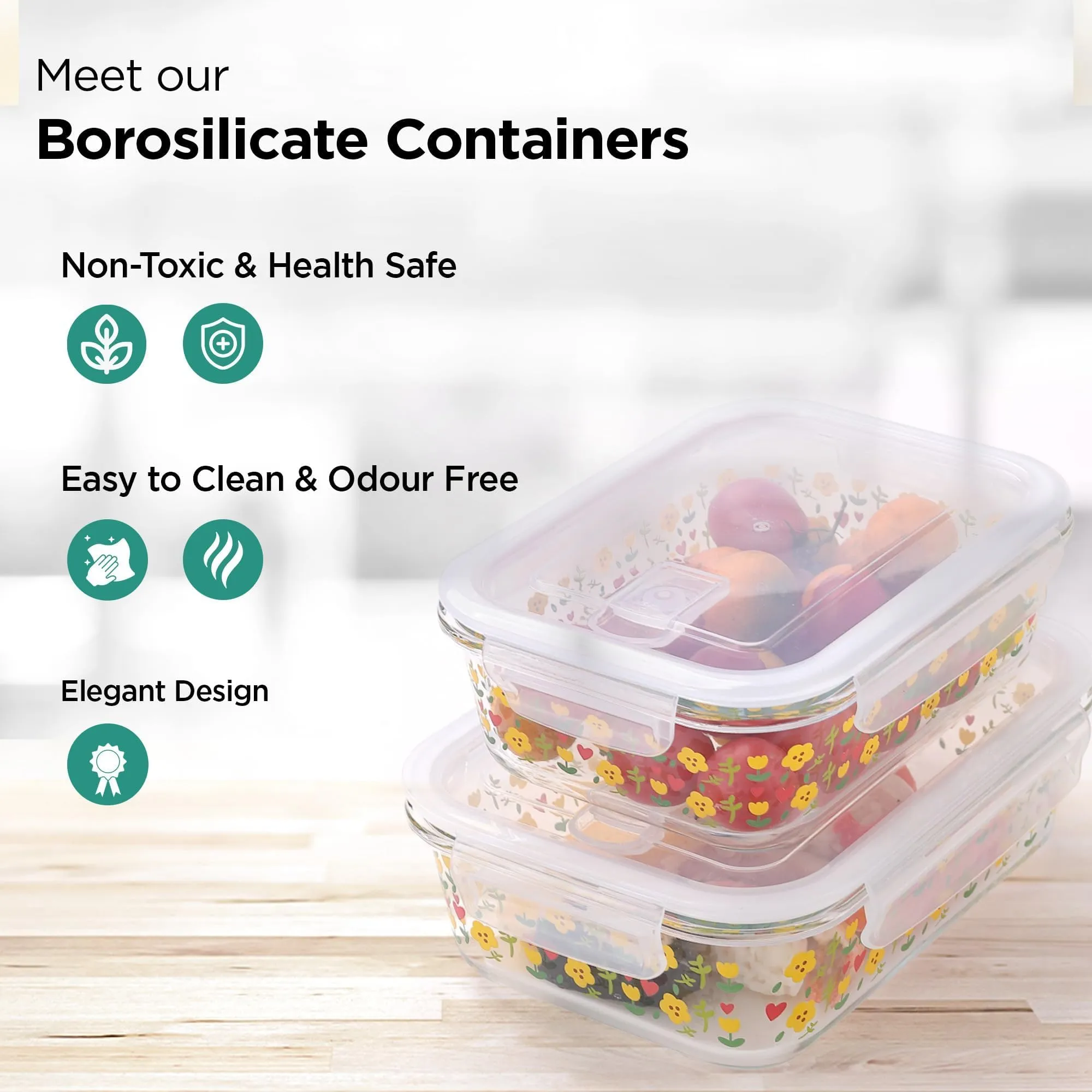 The Better Home Borosilicate Glass Lunch Box Set of 2 | Tiffin Box for Office for Men Women |Lunch Box for Women School Kids |Microwave Safe Leak Proof Airtight Lunch Boxes (1040ml & 1430ml, Printed)