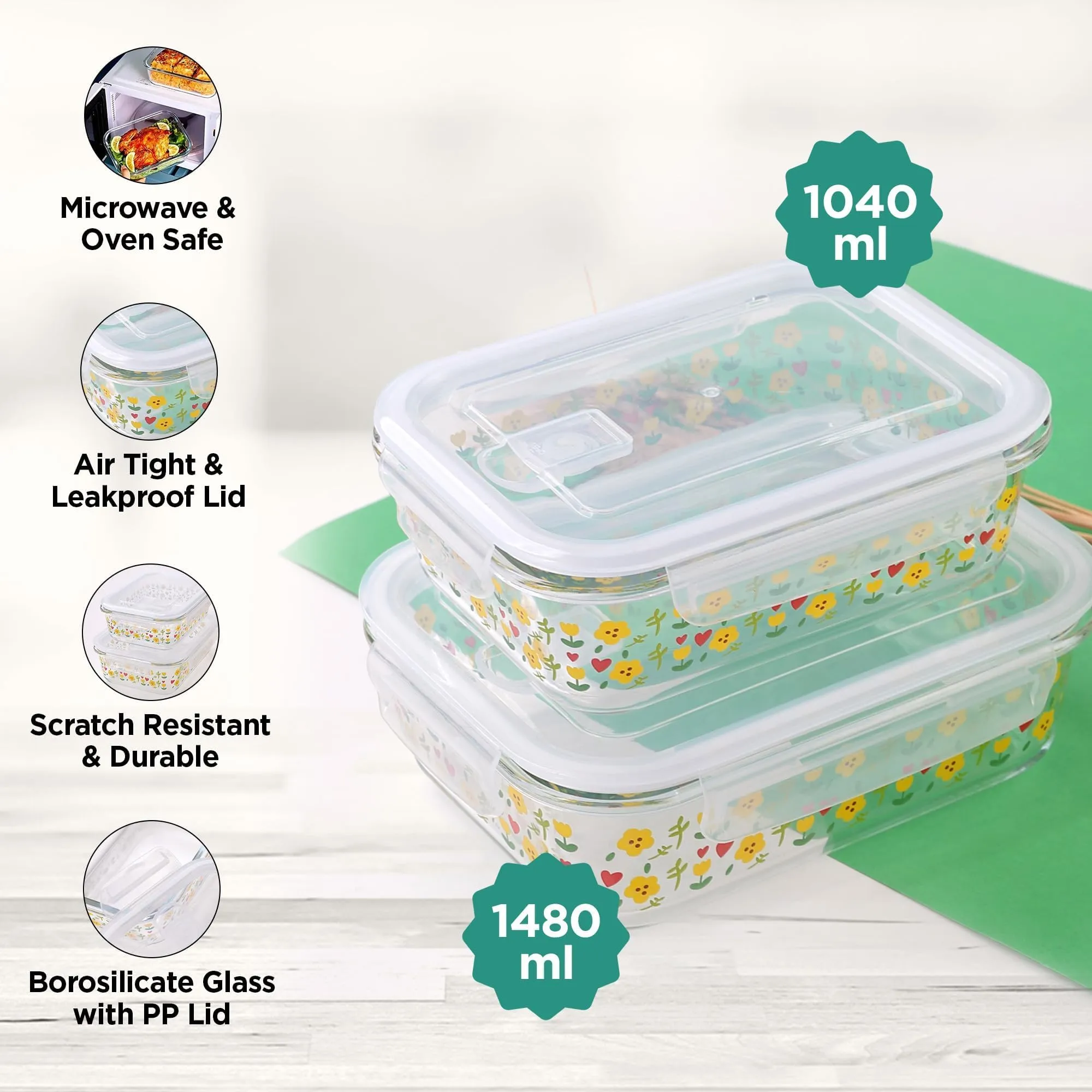 The Better Home Borosilicate Glass Lunch Box Set of 2 | Tiffin Box for Office for Men Women |Lunch Box for Women School Kids |Microwave Safe Leak Proof Airtight Lunch Boxes (1040ml & 1430ml, Printed)