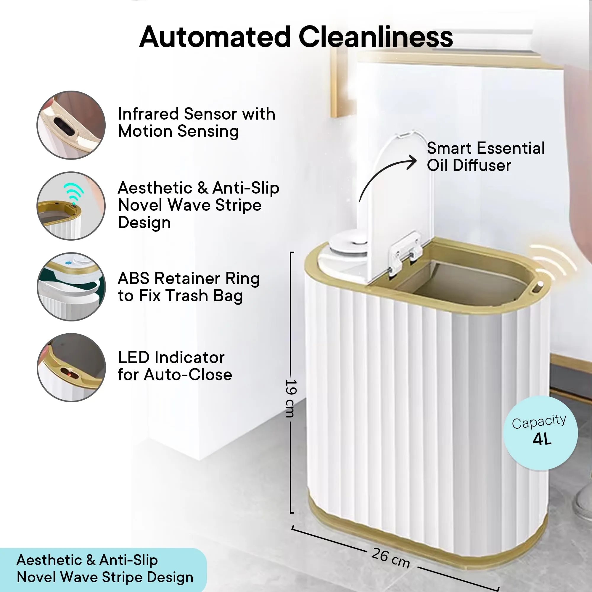 The Better Home FUMATO 4L Dustbin For Kitchen | Dustbin For Bathroom | 19cm Automatic Smart Sensor Dustbin For Bedroom | Steel Dustbin With Lid | Dustbin For Office | Garbage Bin - White