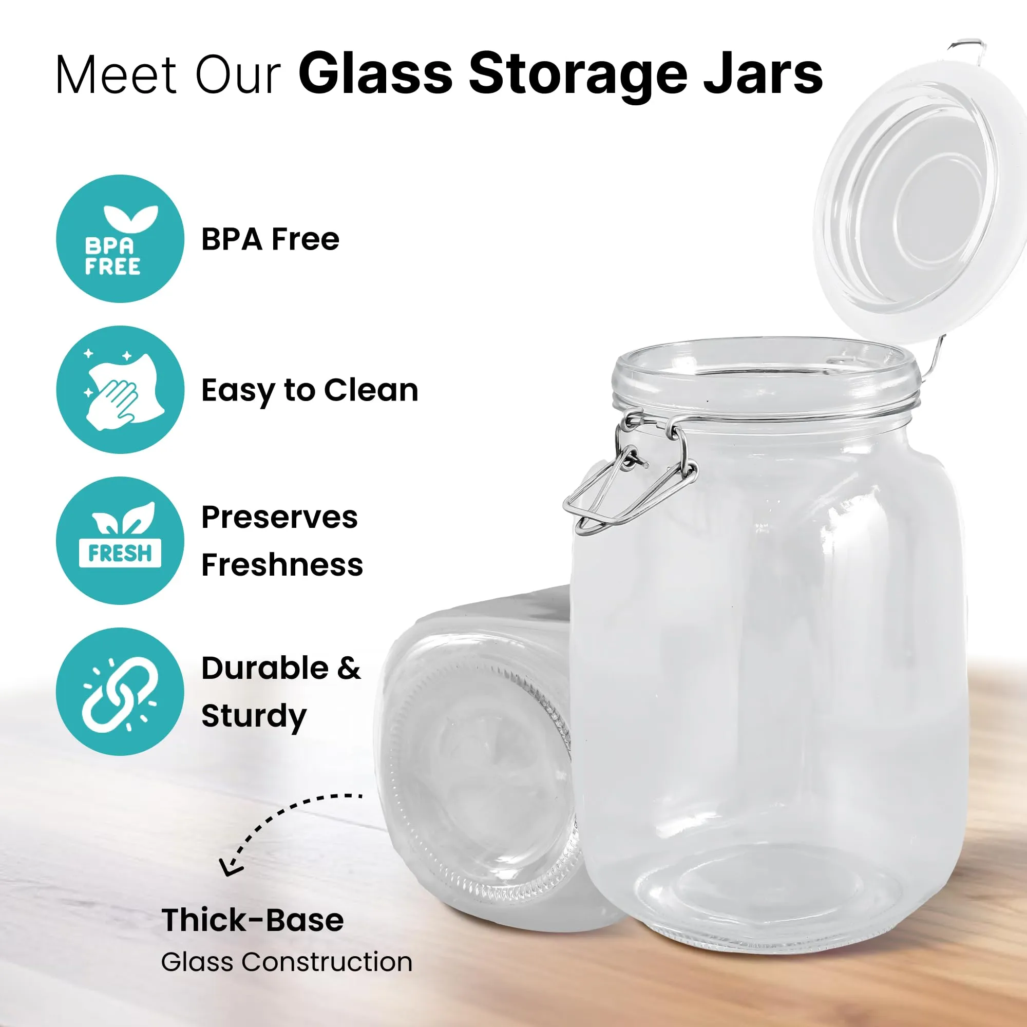 The Better Home Glass Jar for Kitchen Storage | 1500ml | Mason Jar with Buckle Lid and Wide Mouth | Airtight Glass Container for Food Storage with leakproof rubber gasket | Transparent | Pack of 4