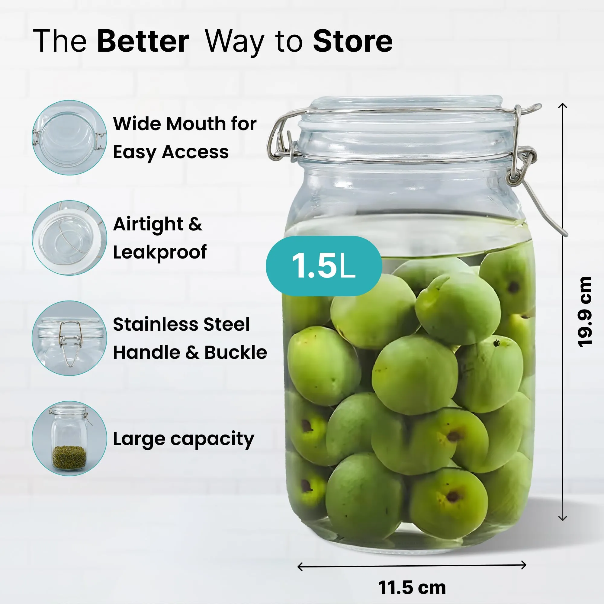 The Better Home Glass Jar for Kitchen Storage | 1500ml | Mason Jar with Buckle Lid and Wide Mouth | Airtight Glass Container for Food Storage with leakproof rubber gasket | Transparent | Pack of 4