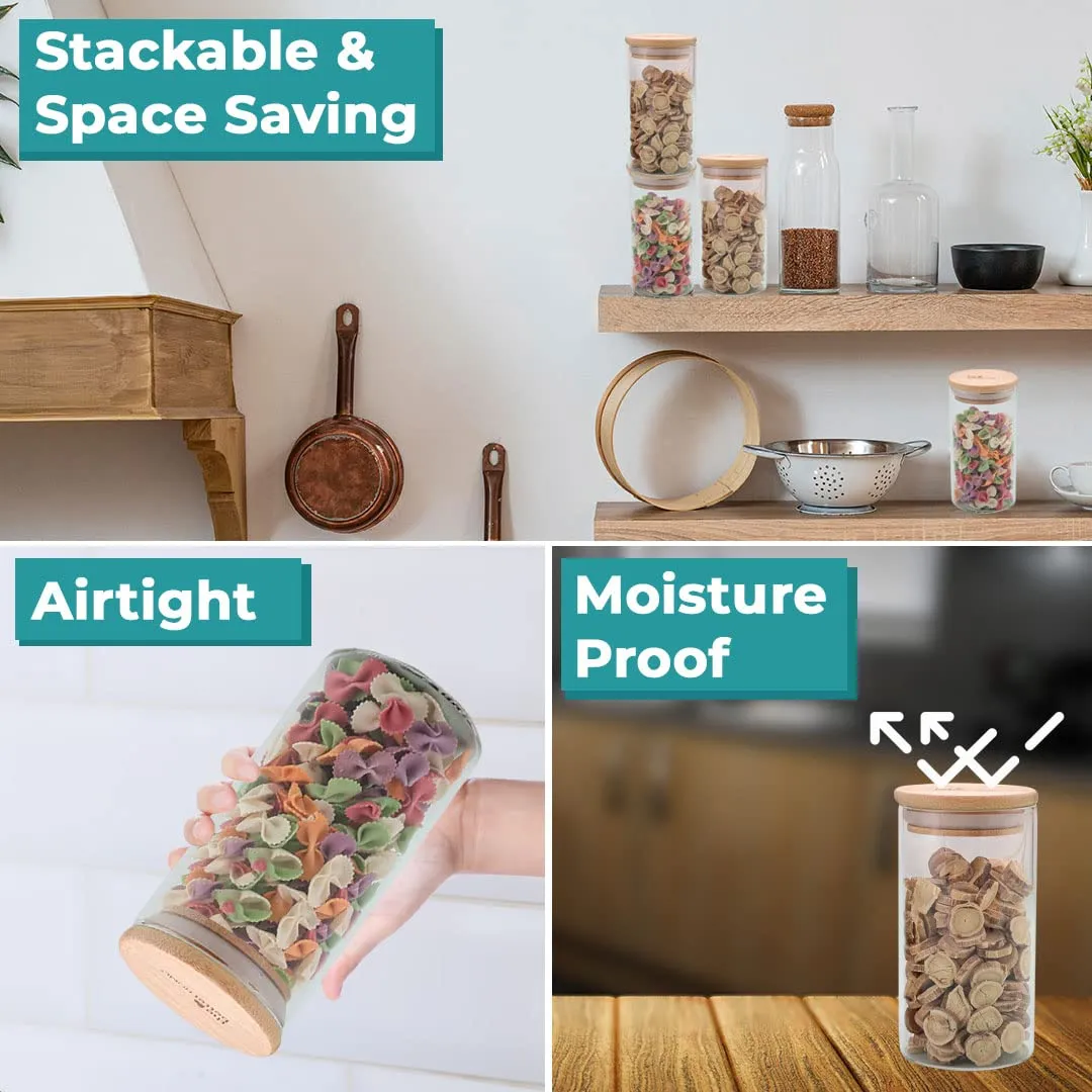 The Better Home Pack of 2 Kitchen Accessories Item with Bamboo Lid I Transparent Airtight Borosilicate Kitchen Containers Set | Glass Jars for Cookies Snacks Tea Coffee Sugar | 300 ml Each