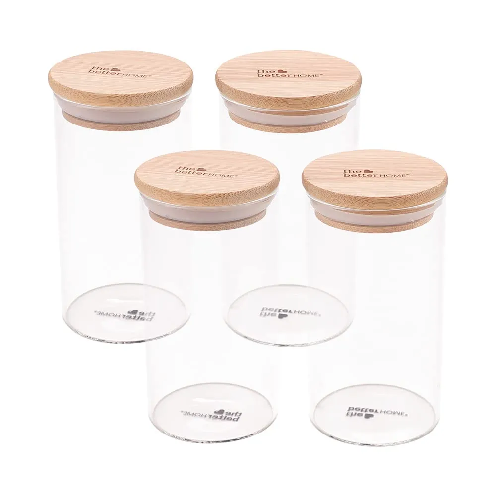 The Better Home Pack of 4 Kitchen Accessories Item with Bamboo Lid I Transparent Airtight Borosilicate Kitchen Containers Set | Glass Jars for Cookies Snacks Tea Coffee Sugar | 300 ml Each