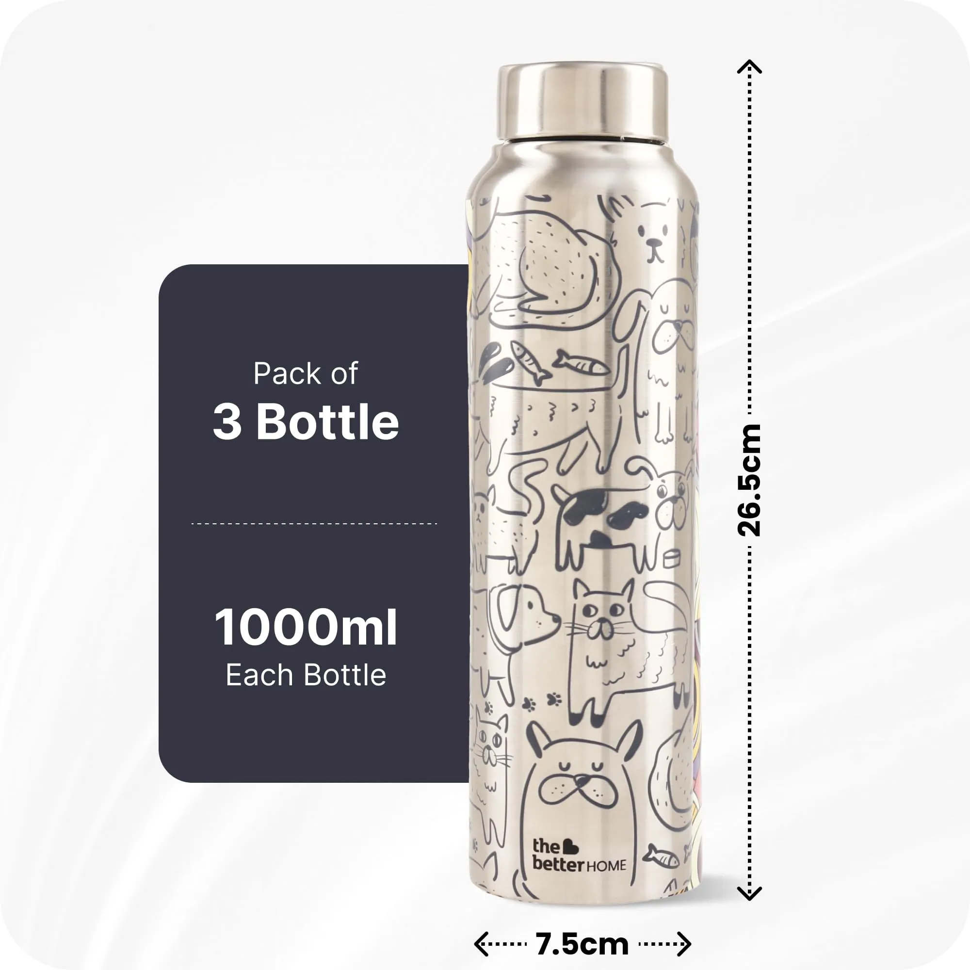 The Better Home Stainless Steel 1L Water Bottle | Pack of 3 | Gym Water Bottle For Men | Travel Bottle For Adults/Kids/School/Office | Water Bottle For Kids (Doodle)