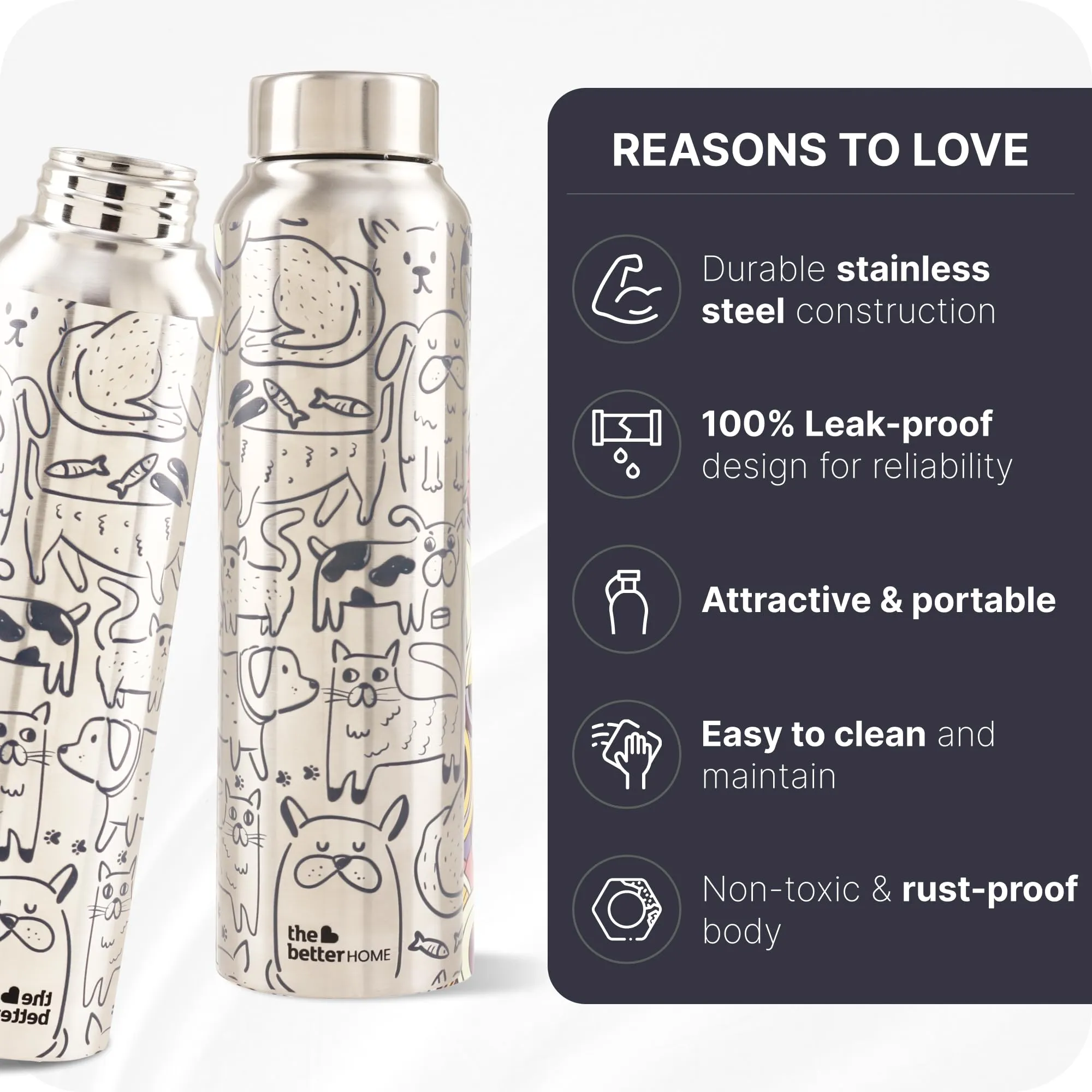 The Better Home Stainless Steel 1L Water Bottle | Pack of 3 | Gym Water Bottle For Men | Travel Bottle For Adults/Kids/School/Office | Water Bottle For Kids (Doodle)