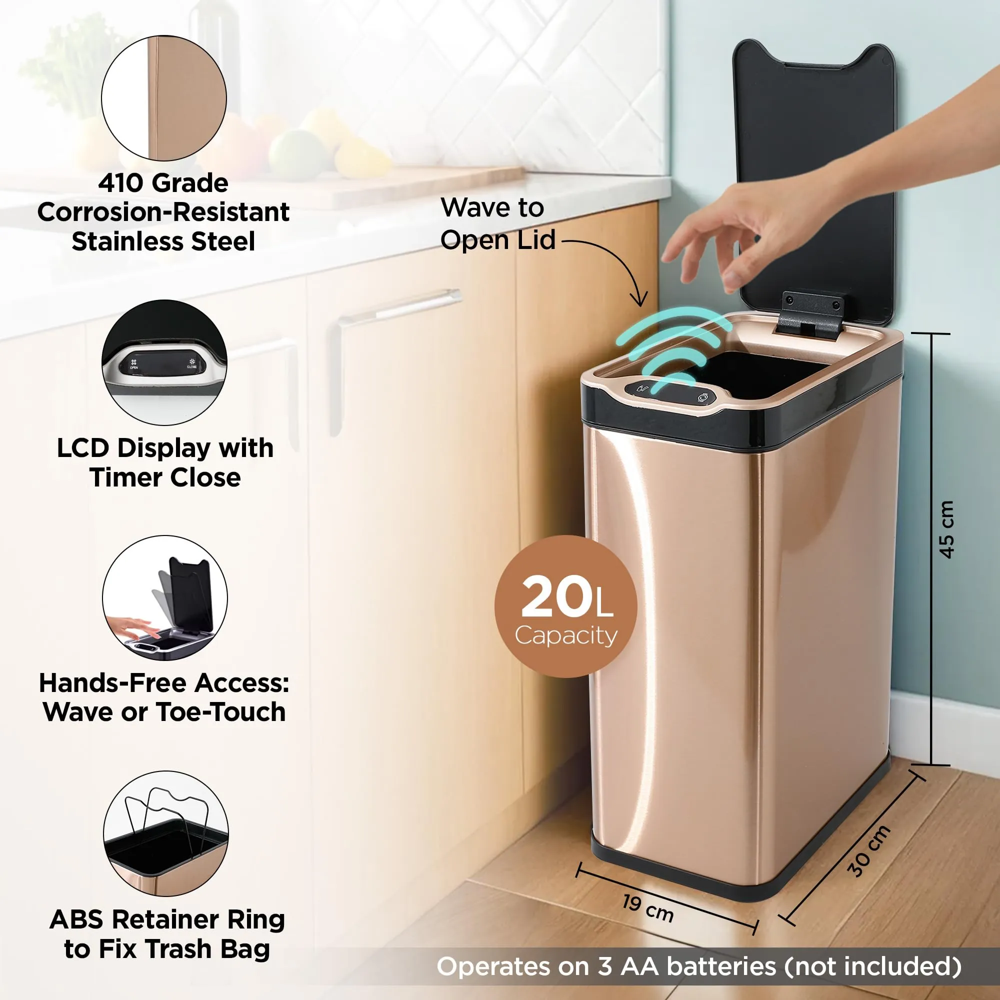 UMAI 20L Stainless Steel Dustbin With Lid | Automatic Dustbin For Kitchen | Dustbin For Bathroom | Kick Activated | Dustbin For Bedroom, Home & Office | Waterproof | Sensor & Manual Function | Gold