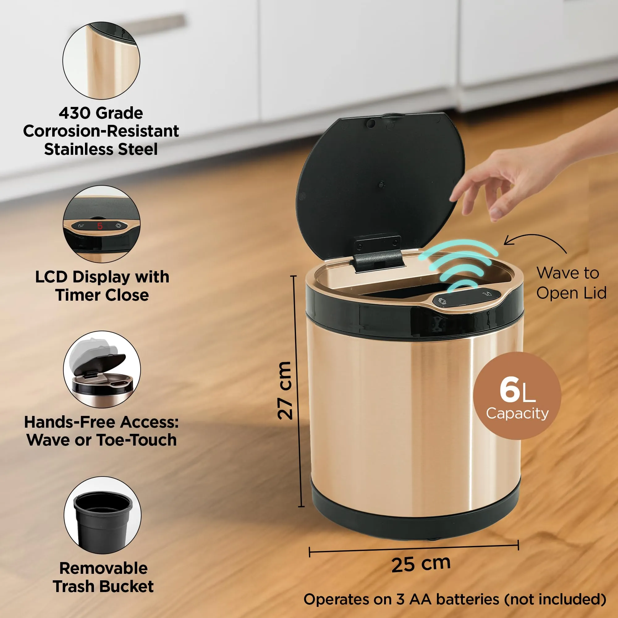 UMAI 6L Round Stainless Dustbin With Lid | Automatic Dustbin With Digital Screen & Inner Bucket | Dustbin For Kitchen | Dustbin For Bathroom | Dustbin For Home/Office | CE & RoHS Certified | Gold