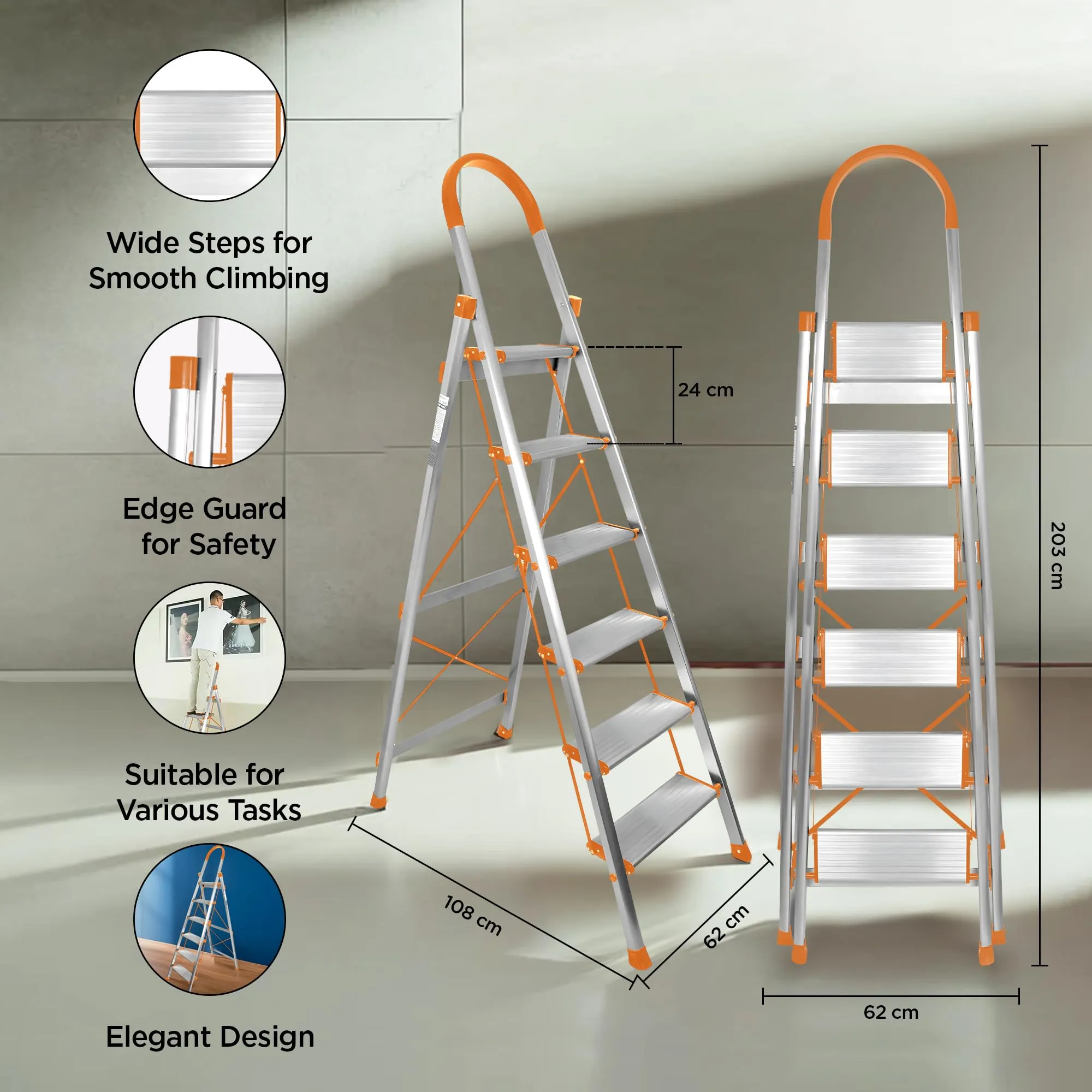 UMAI Aluminium Ladder for Home 6 Steps Foldable | Large Platform | Anti-Slip Steps Edge Guard | Heavy Duty Foldable Ladder House Use | Slip-Resistant Durable Wide Steps | Orange and Silver