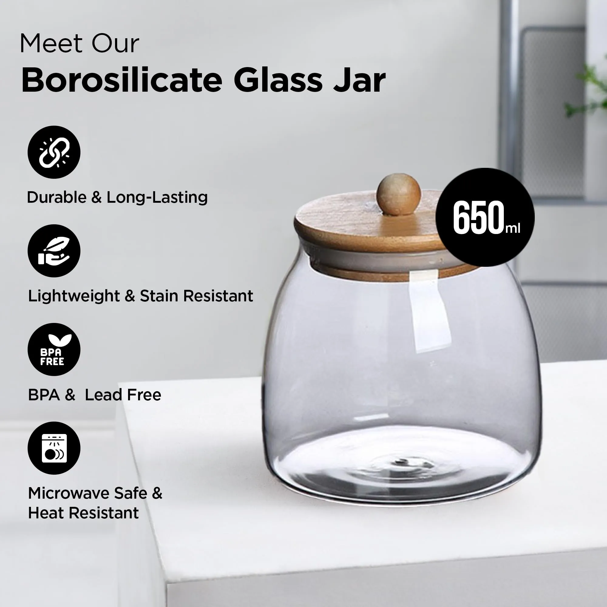 UMAI Borosilicate Glass Jar for Kitchen Storage with Bamboo Lids | 650ml | Multipurpose Airtight, Leakproof Jars for Cookies, Snacks, Spices, Nuts, Dry Fruits | BPA Free | Transparent |