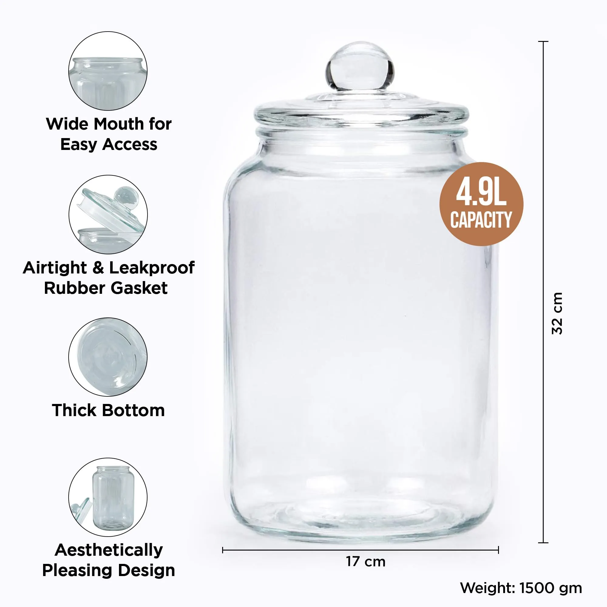 UMAI Glass Jar for Kitchen | Glass Containers With Lid | Kitchen Storage Container with Wide Mouth | Kitchen Food Storage Containers | Transparent | 5 Liter