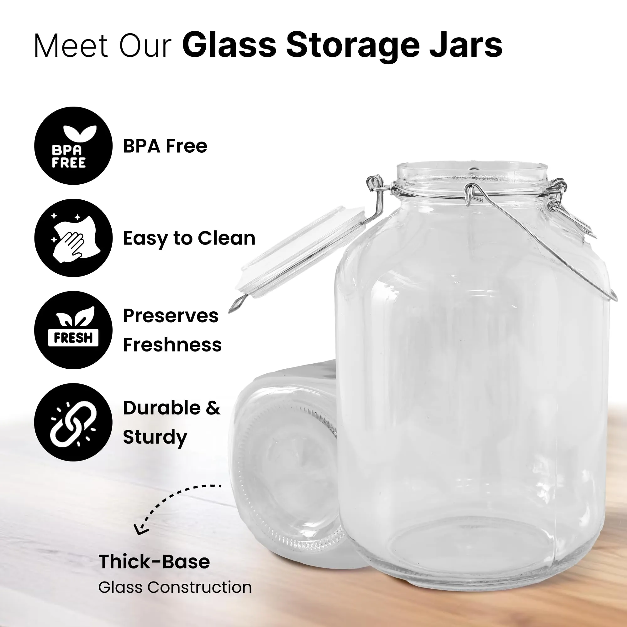 UMAI Glass Jar for Kitchen Storage | 1500ml | Mason Jar with Buckle Lid and Wide mouth | Multipurpose Airtight Glass Container with Stainless Steel Handle and Rubber Gasket | Transparent |