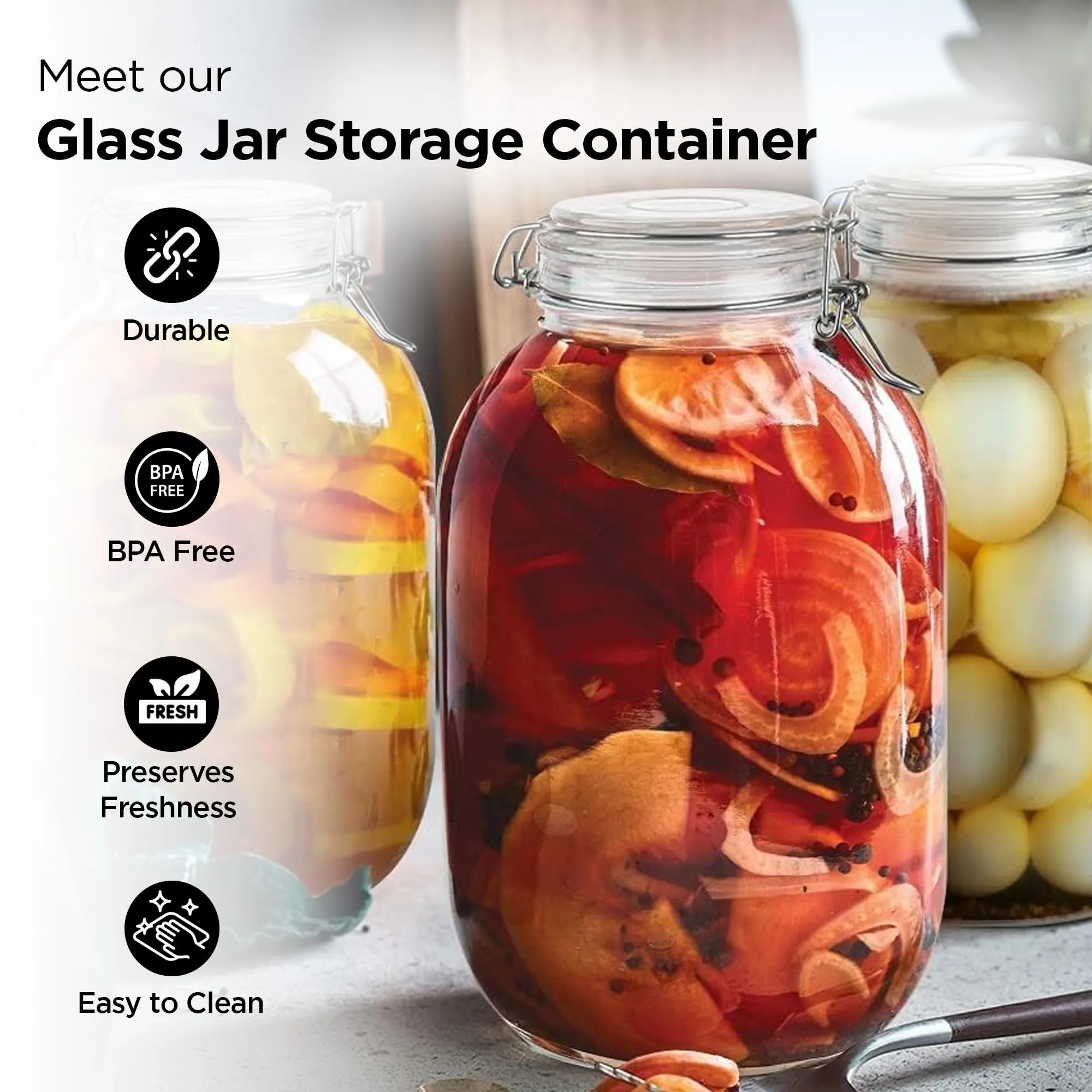 UMAI Glass Jar for Kitchen Storage | 3000ml | Airtight Glass Container with leakproof rubber gasket | Mason Jar with Buckle Lid and Wide Mouth | Transparent |