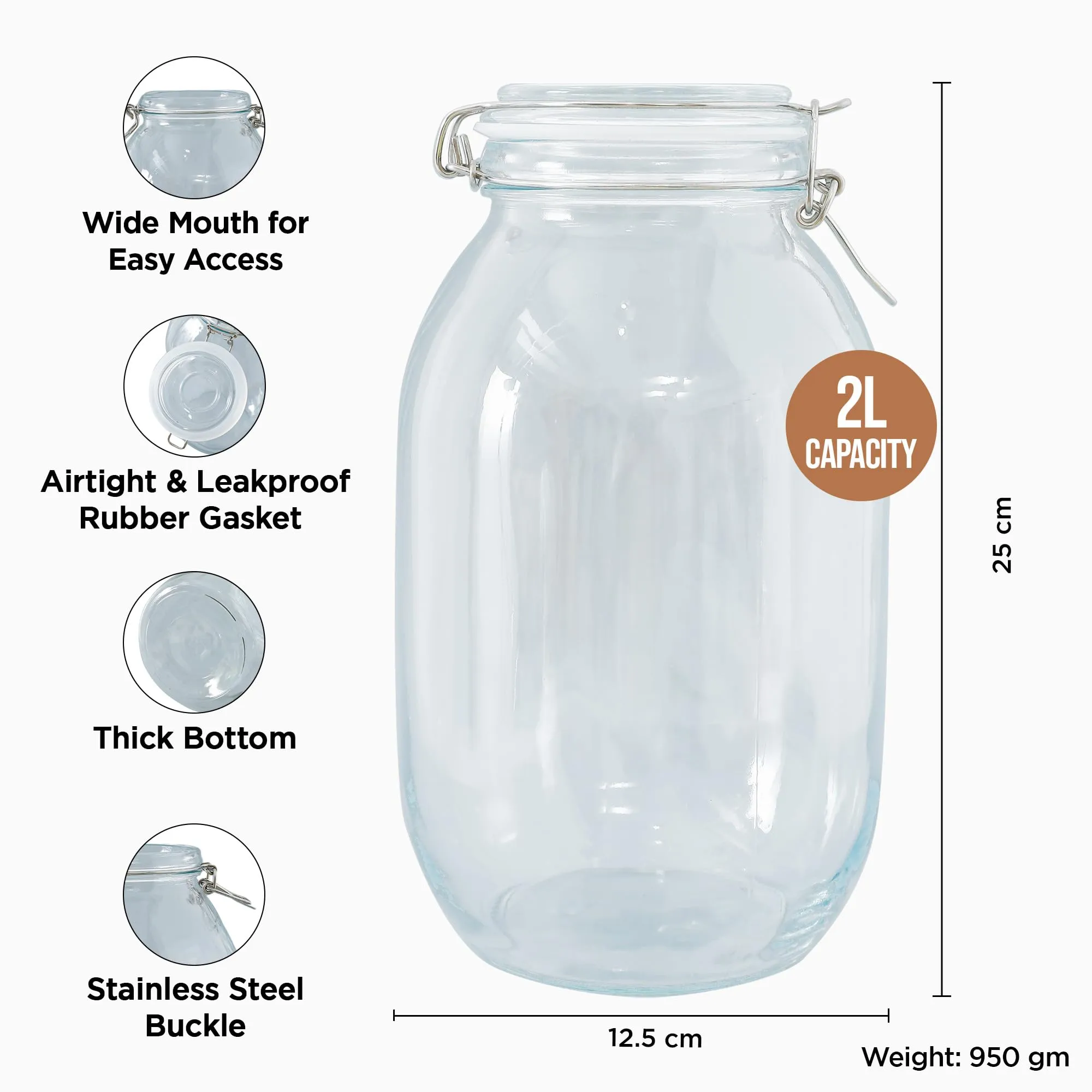 UMAI Glass Jars for Kitchen Storage | 2000ml | Mason Jar with Buckle Lid and Wide Mouth | Multipurpose Airtight Glass Food Container with Leakproof Rubber Gasket | Transparent |