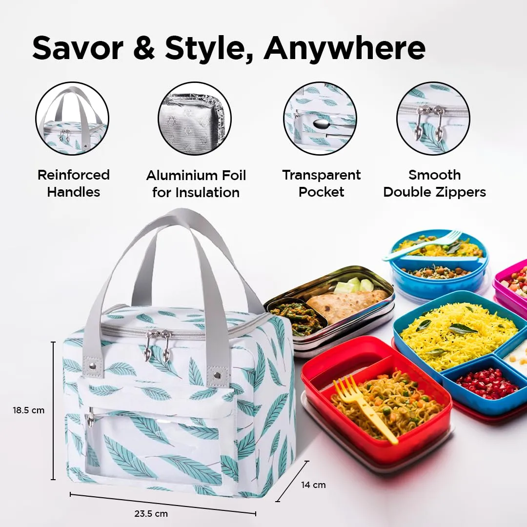 UMAI Insulated Lunch/Tiffin/Storage Bag for Kids, Women & Men | Ideal Tote Bag for Office/School/Outdoor Activities-Lightweight, Durable Handle, Front Pocket for Napkins, Cutlery (White Green Leaves)