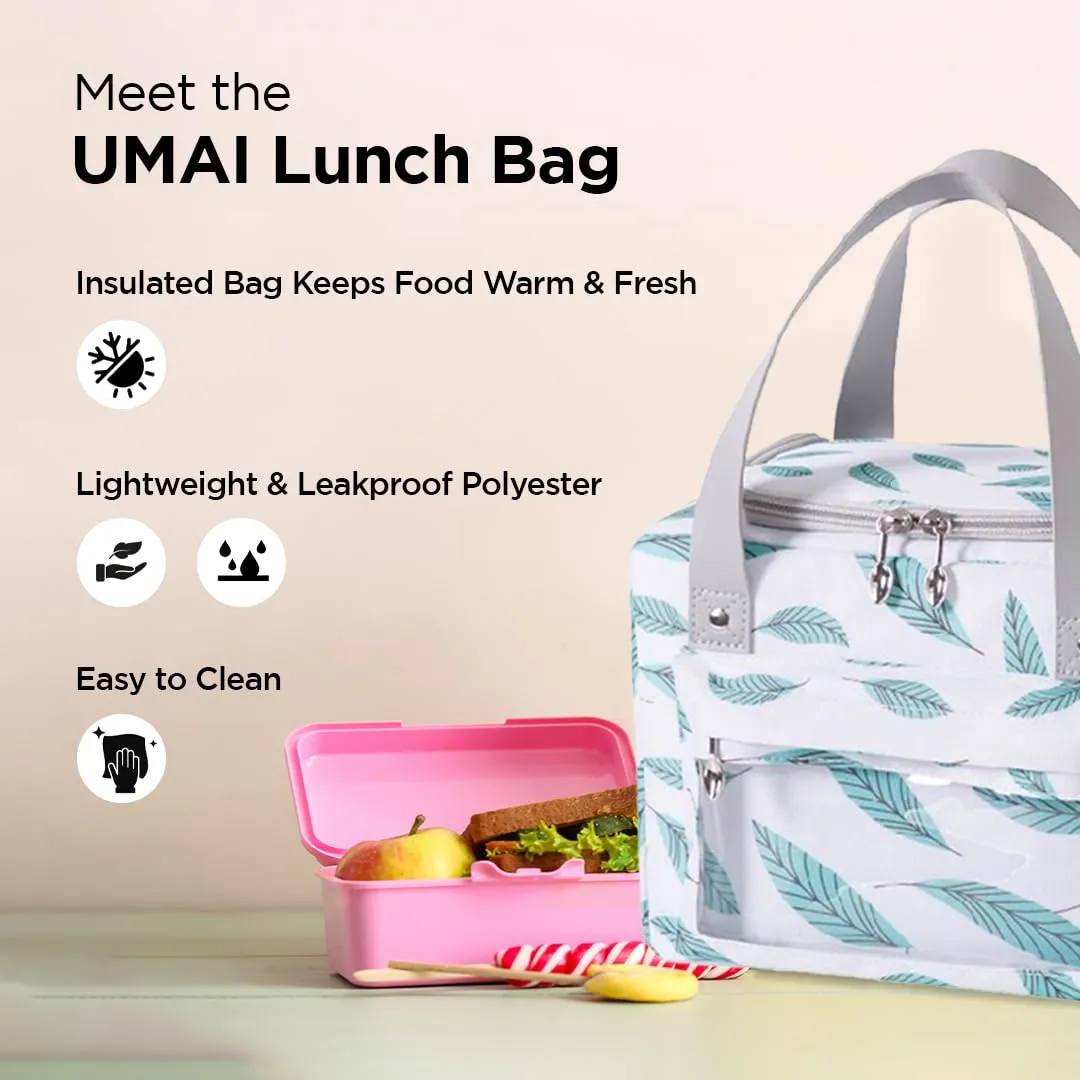 UMAI Insulated Lunch/Tiffin/Storage Bag for Kids, Women & Men | Ideal Tote Bag for Office/School/Outdoor Activities-Lightweight, Durable Handle, Front Pocket for Napkins, Cutlery (White Green Leaves)