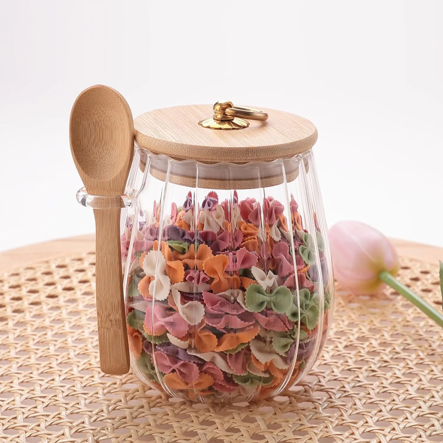 Urbane Home Glass Jar | Multi-Utility Kitchen Organizer | Airtight Bamboo Lid & Spoon | Food Storage Jar with Metal Loop | Cookies Storage Jar | 680 ML | LP014 | Transparent