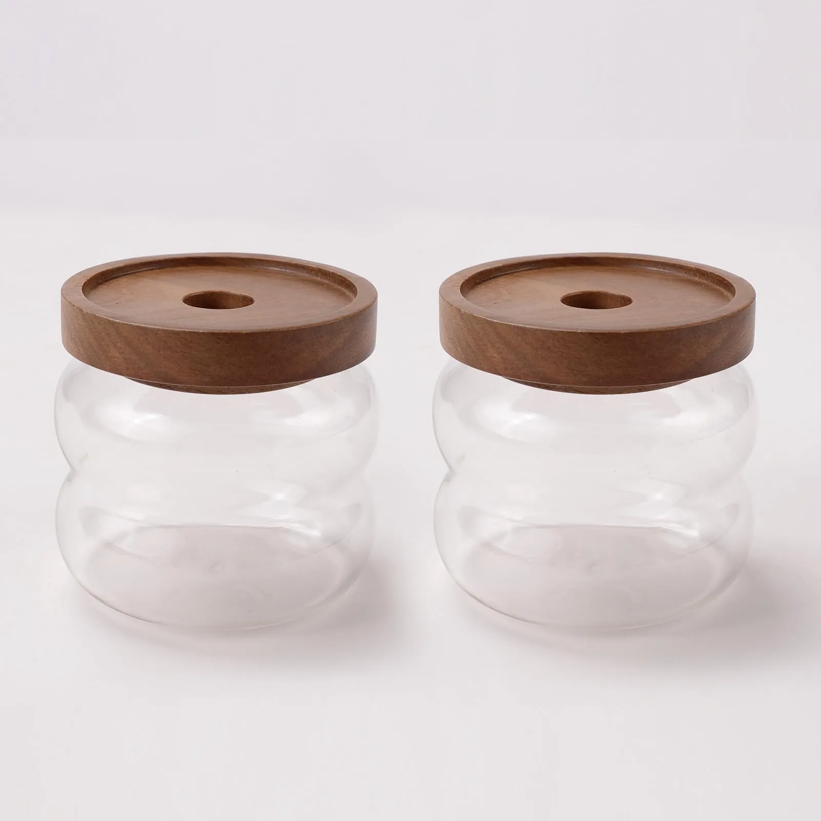 USHA SHRIRAM Borosilicate Containers with Wooden Lid (340ml - 2Pcs) | Glass Container Jar for Kitchen Storage | Microwave Safe | Kitchen Containers Box with Air Tight Lid | Kitchen Organisers