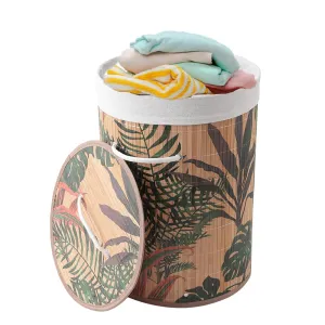 USHA SHRIRAM Foldable Bamboo Laundry Basket With Lid | Sustainable & Eco-Friendly | Travel Essential | Printed Laundry Basket | Easy To Carry | Color Natural (60 L) (1 Pcs, Cylinderical)