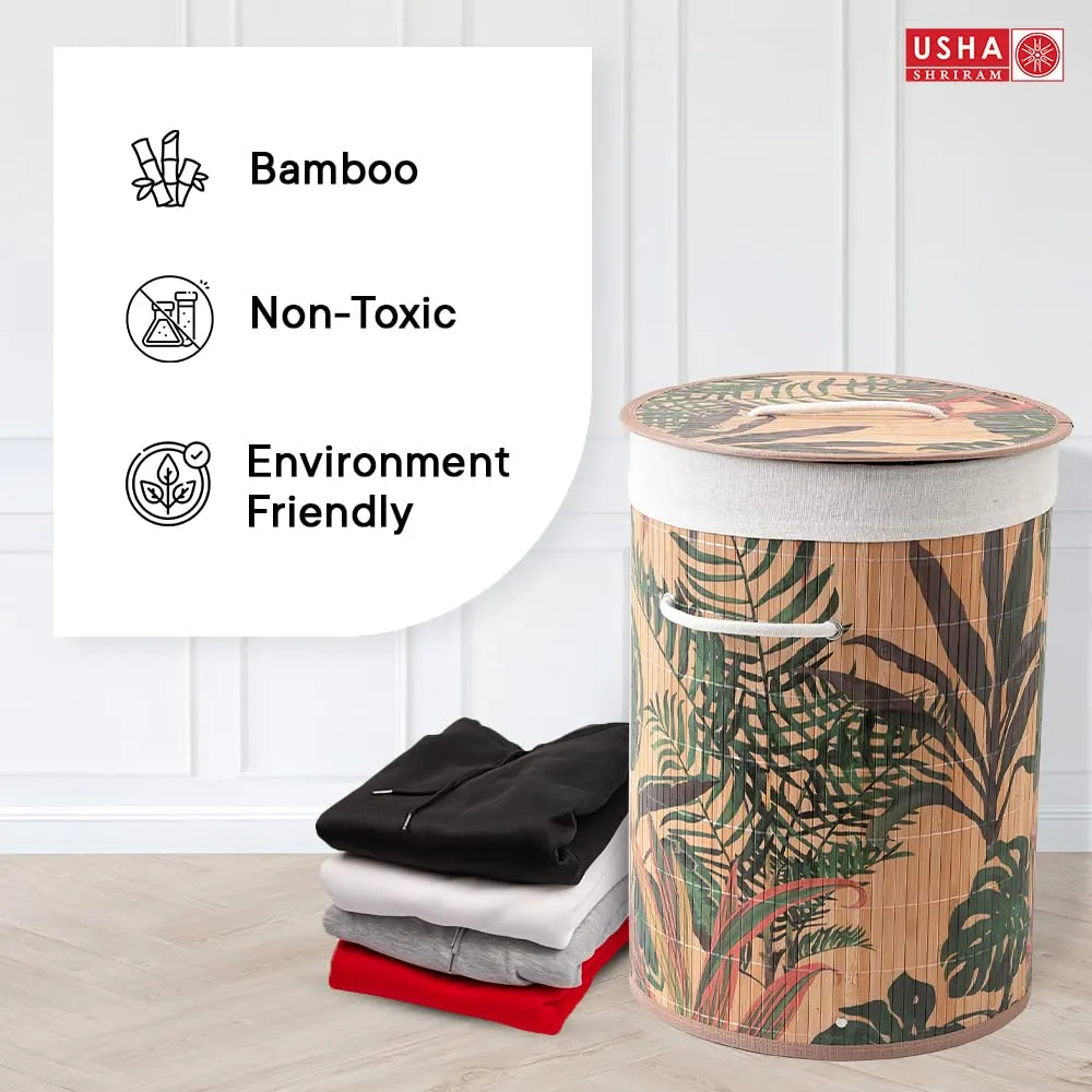 USHA SHRIRAM Foldable Bamboo Laundry Basket With Lid | Sustainable & Eco-Friendly | Travel Essential | Printed Laundry Basket | Easy To Carry | Color Natural (60 L) (1 Pcs, Cylinderical)