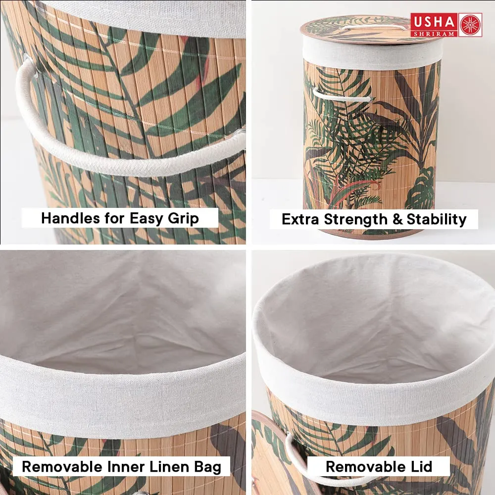 USHA SHRIRAM Foldable Bamboo Laundry Basket With Lid | Sustainable & Eco-Friendly | Travel Essential | Printed Laundry Basket | Easy To Carry | Color Natural (60 L) (1 Pcs, Rectangular)