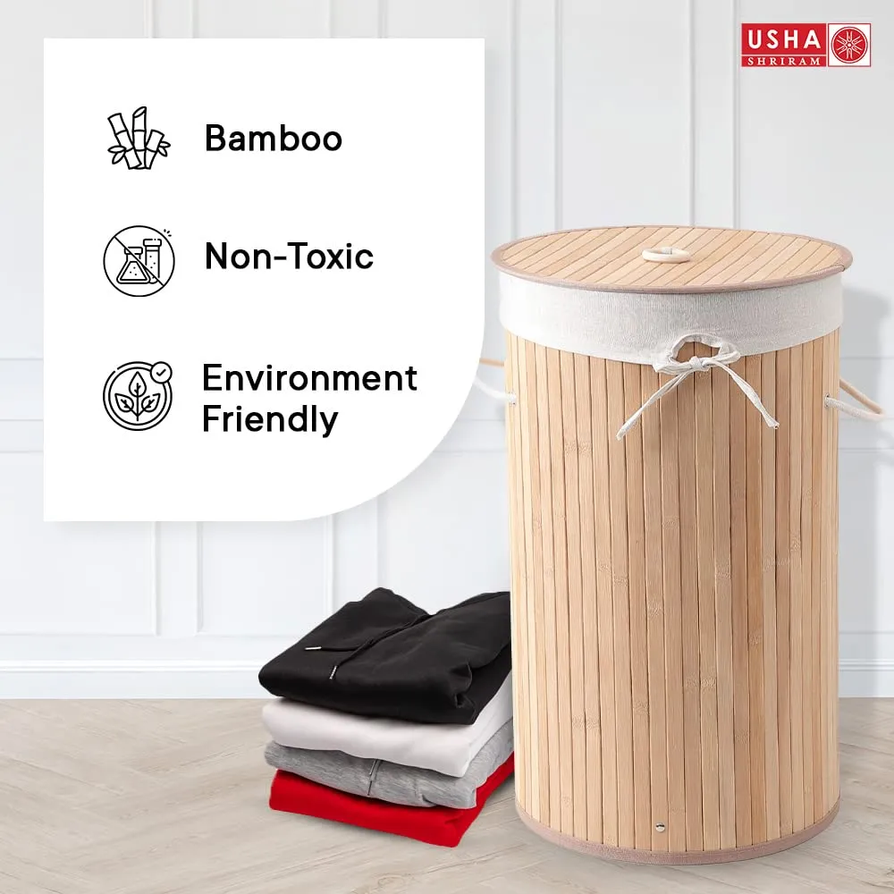 USHA SHRIRAM Foldable Bamboo Laundry Basket With Lid | Sustainable & Eco-Friendly | Travel Essential | Solid Laundry Basket (35cmx35cmx60cm) | Easy To Carry (4 Pcs, Natural)