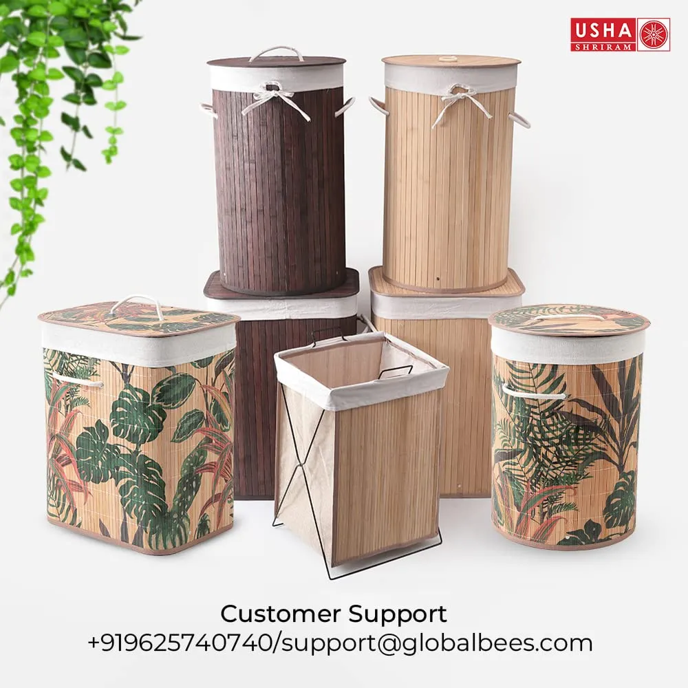 USHA SHRIRAM Foldable Bamboo Laundry Basket With Lid | Sustainable & Eco-Friendly | Travel Essential | Solid Laundry Basket (35cmx35cmx60cm) | Easy To Carry (4 Pcs, Natural)