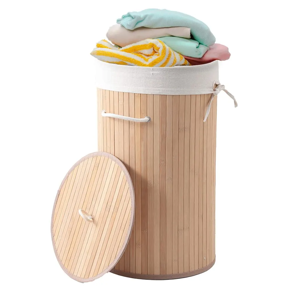 USHA SHRIRAM Foldable Bamboo Laundry Basket With Lid | Sustainable & Eco-Friendly | Travel Essential | Solid Laundry Basket (35cmx35cmx60cm) | Easy To Carry (4 Pcs, Natural)