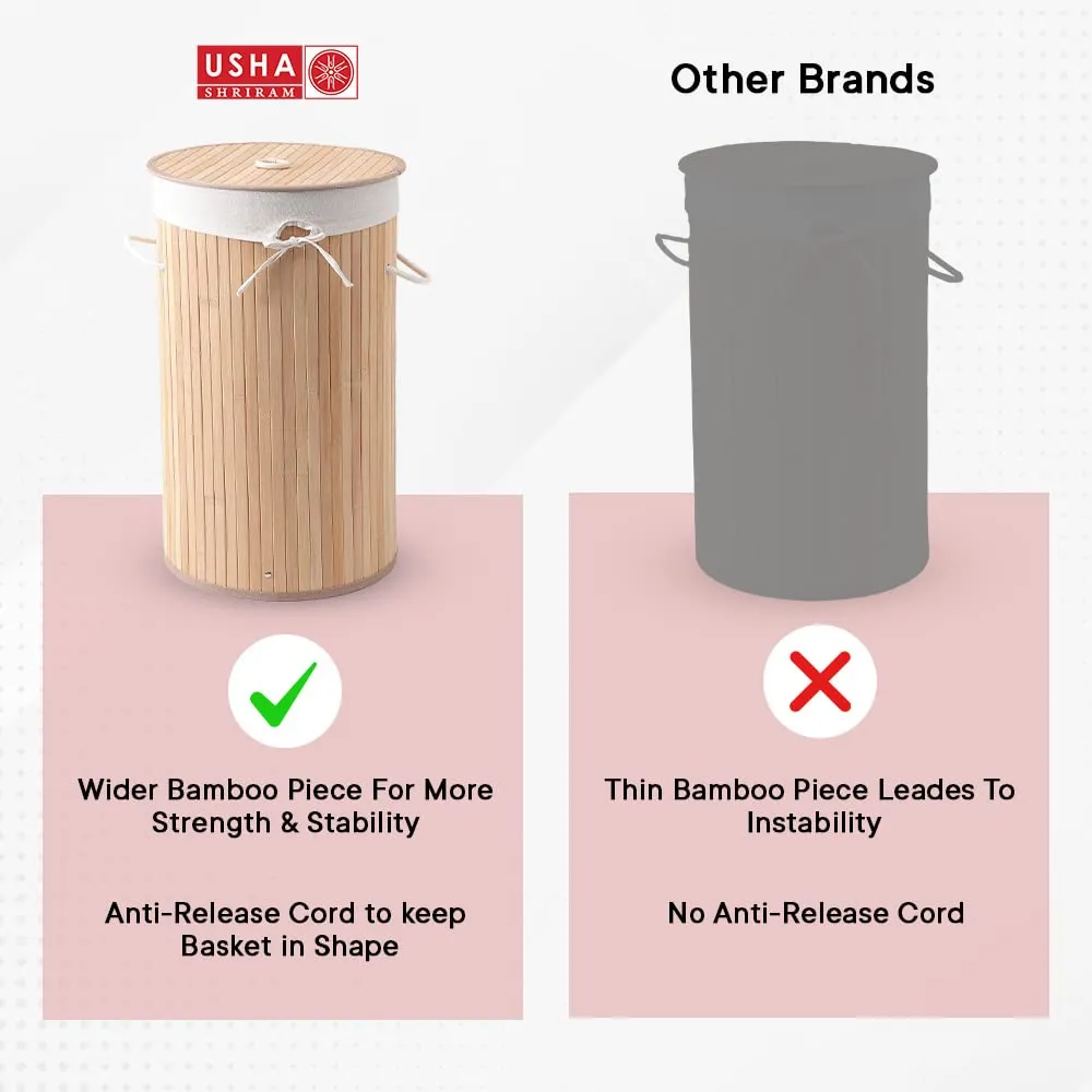 USHA SHRIRAM Foldable Bamboo Laundry Basket With Lid | Sustainable & Eco-Friendly | Travel Essential | Solid Laundry Basket (35cmx35cmx60cm) | Easy To Carry (4 Pcs, Natural)