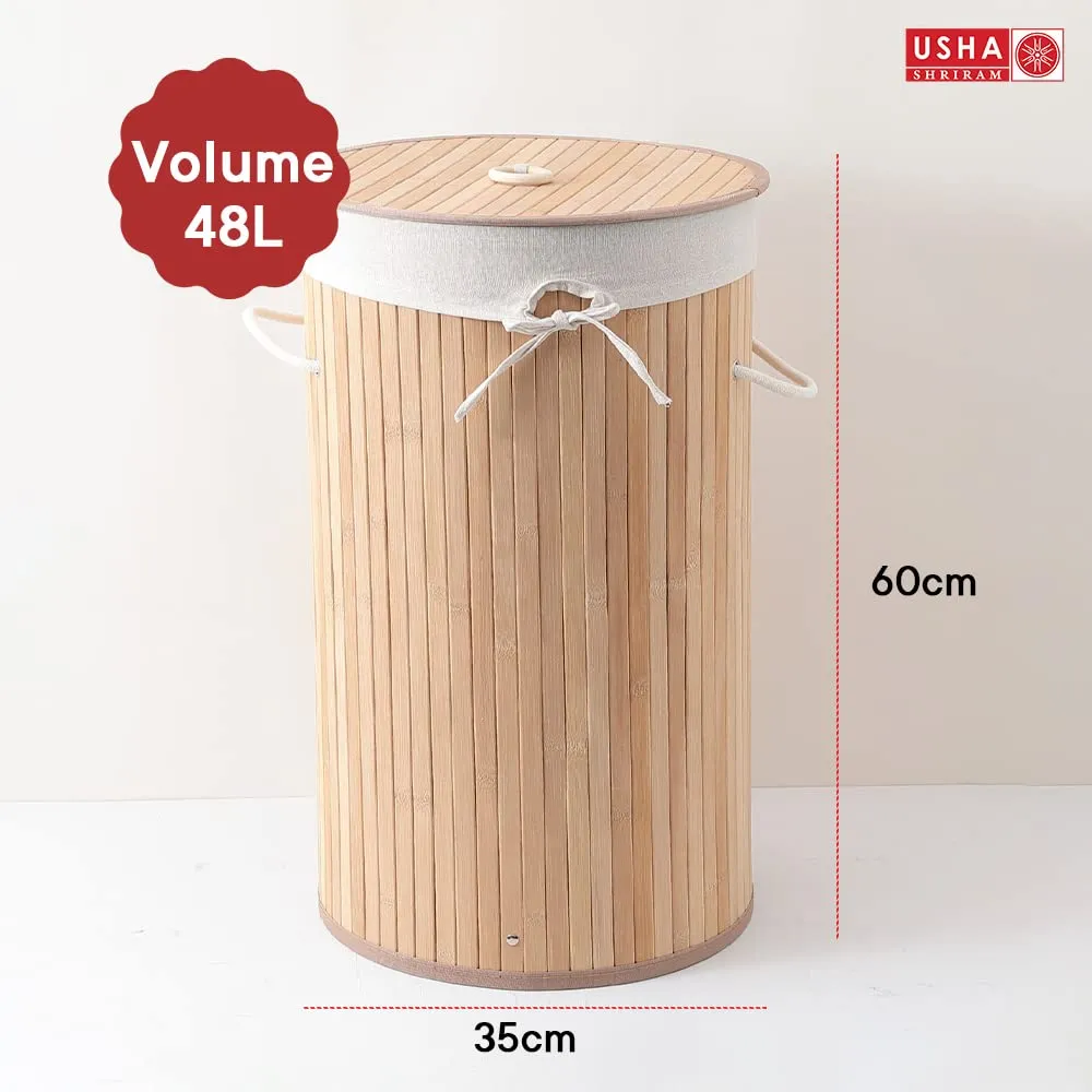 USHA SHRIRAM Foldable Bamboo Laundry Basket With Lid | Sustainable & Eco-Friendly | Travel Essential | Solid Laundry Basket (35cmx35cmx60cm) | Easy To Carry (4 Pcs, Natural)