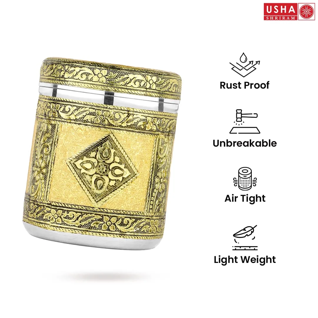 USHA SHRIRAM Stainless Steel Crafted Storage Box (1200ml) |Gift Set | Kitchen Storage Organiser | Dabba For Kitchen | Rust Proof | Multi Purpose Box (Rexine)