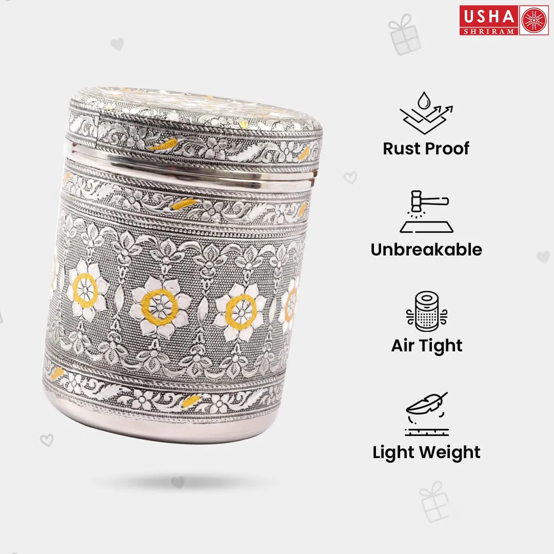 USHA SHRIRAM Stainless Steel Crafted Storage Box (800ml, 1200ml, 1600ml - 2 each) |Gift Set | Kitchen Storage Organiser | Dabba For Kitchen | Rust Proof | Multi Purpose Box (Silver)