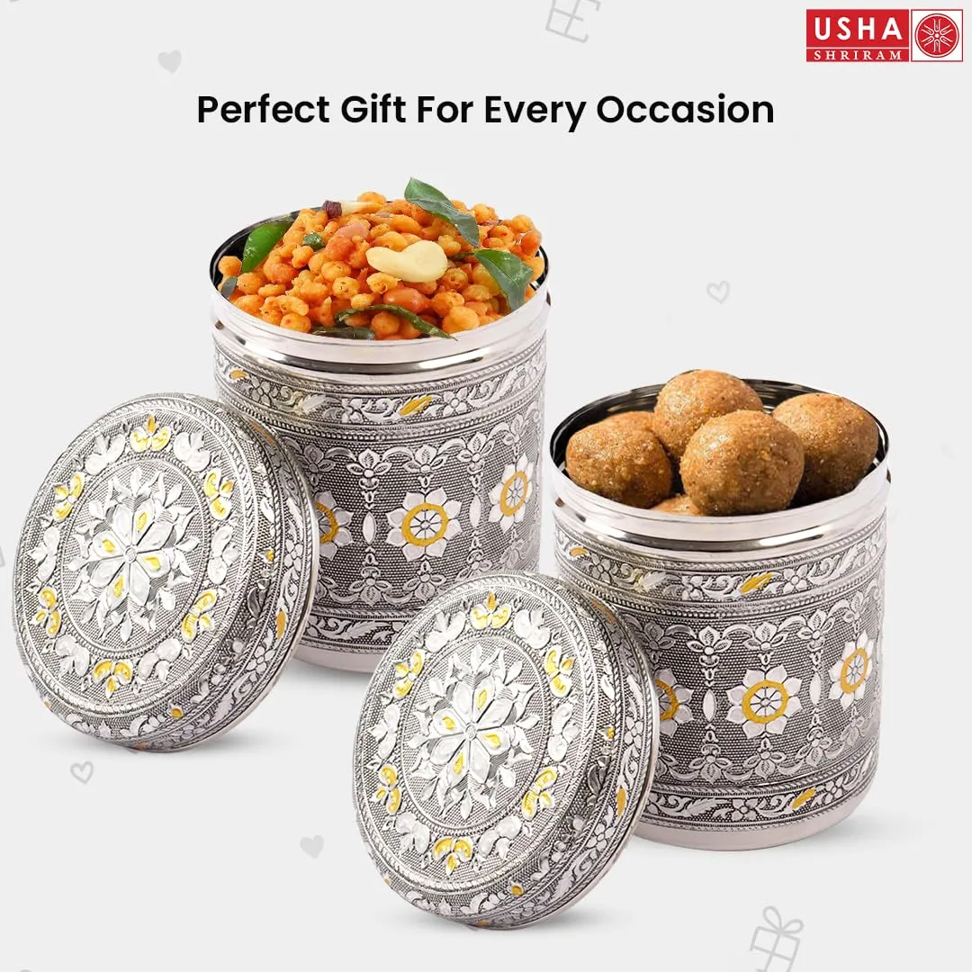 USHA SHRIRAM Stainless Steel Crafted Storage Box (800ml, 1200ml, 1600ml - 2 each) |Gift Set | Kitchen Storage Organiser | Dabba For Kitchen | Rust Proof | Multi Purpose Box (Silver)