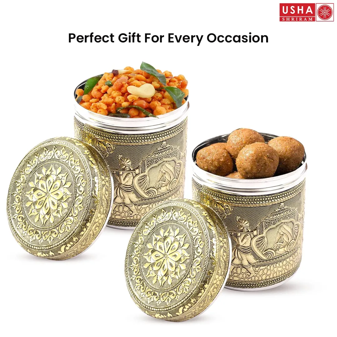 USHA SHRIRAM Stainless Steel Crafted Storage Box |Gift Set | Kitchen Storage Organiser | Dabba For Kitchen | Rust Proof | Multi Purpose Box (Silver - 800ml (2Pcs)) (Ambrose)