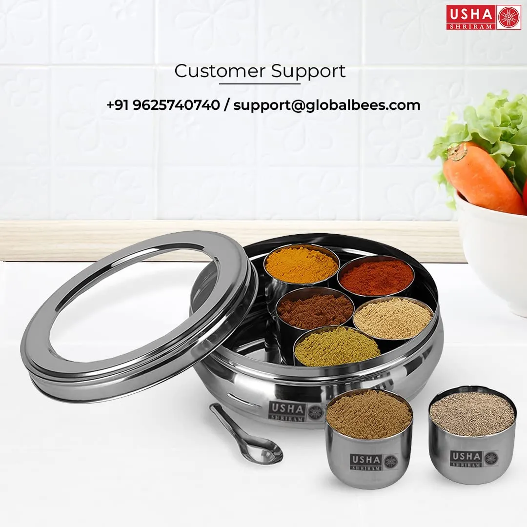 USHA SHRIRAM Stainless Steel Masala Box with Transparent Lid (1.25L) | Spice Containers for Kitchen Storage (Medium Size) Rust Proof, See Through Lid| Durable, Easy to Clean| 7 Containers