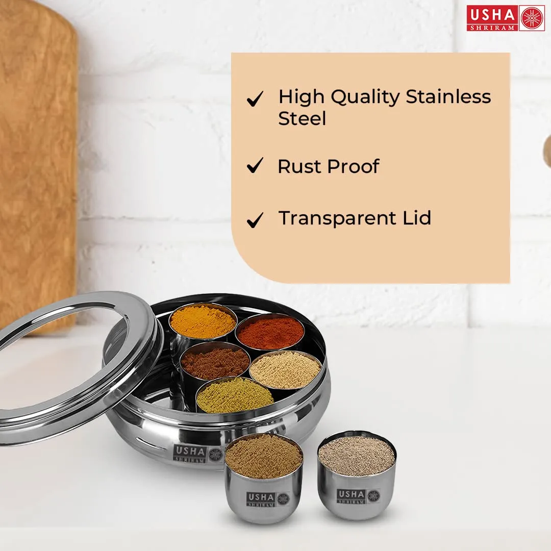 USHA SHRIRAM Stainless Steel Masala Box with Transparent Lid (1.25L) | Spice Containers for Kitchen Storage (Medium Size) Rust Proof, See Through Lid| Durable, Easy to Clean| 7 Containers