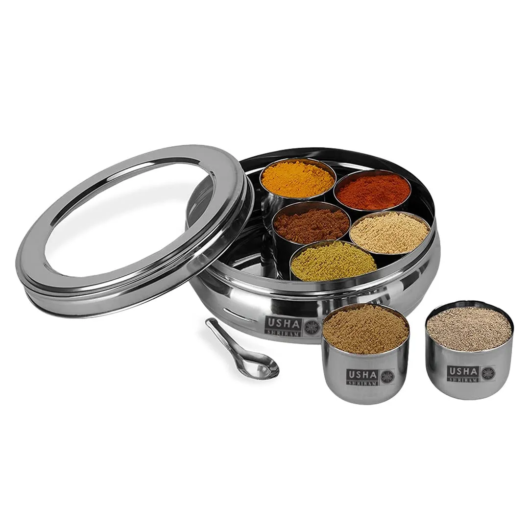 USHA SHRIRAM Stainless Steel Masala Box with Transparent Lid (1.25L) | Spice Containers for Kitchen Storage (Medium Size) Rust Proof, See Through Lid| Durable, Easy to Clean| 7 Containers