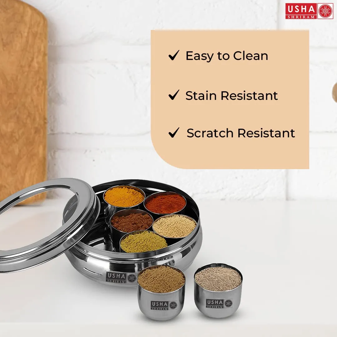 USHA SHRIRAM Stainless Steel Masala Box with Transparent Lid (1.25L) | Spice Containers for Kitchen Storage (Medium Size) Rust Proof, See Through Lid| Durable, Easy to Clean| 7 Containers