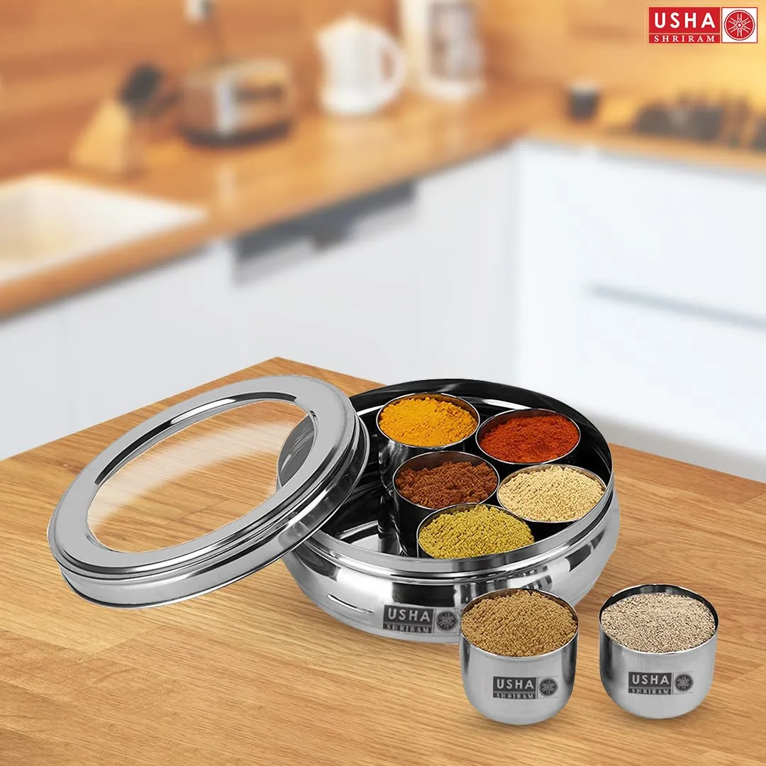 USHA SHRIRAM Stainless Steel Masala Box with Transparent Lid (1.25L) | Spice Containers for Kitchen Storage (Medium Size) Rust Proof, See Through Lid| Durable, Easy to Clean| 7 Containers