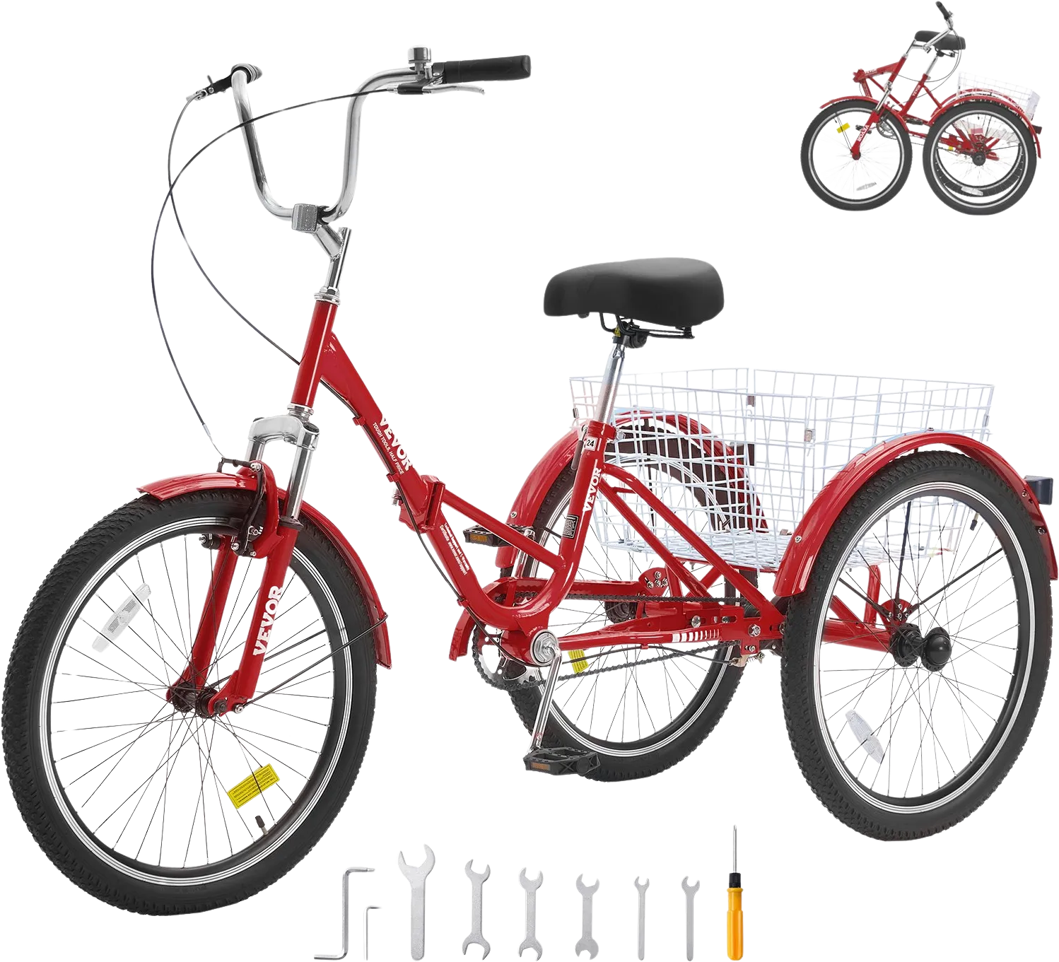 Vevor Adult Tricycle 24" 1-Speed Folding Carbon Steel Cruiser with Large Basket and Adjustable Seat New