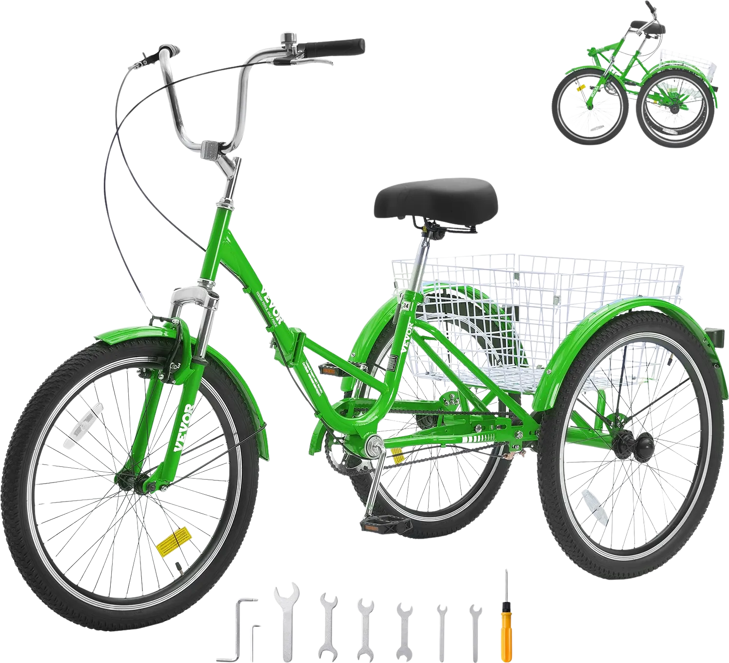 Vevor Adult Tricycle 24" 1-Speed Folding Carbon Steel Cruiser with Large Basket and Adjustable Seat New