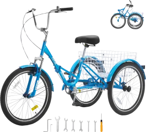 Vevor Adult Tricycle 24" 1-Speed Folding Carbon Steel Cruiser with Large Basket and Adjustable Seat New