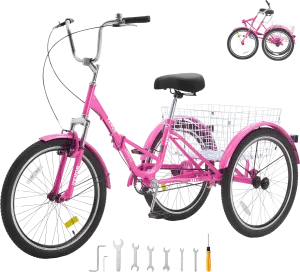 Vevor Adult Tricycle 26" 1-Speed Folding Carbon Steel Cruiser with Large Basket and Adjustable Seat New