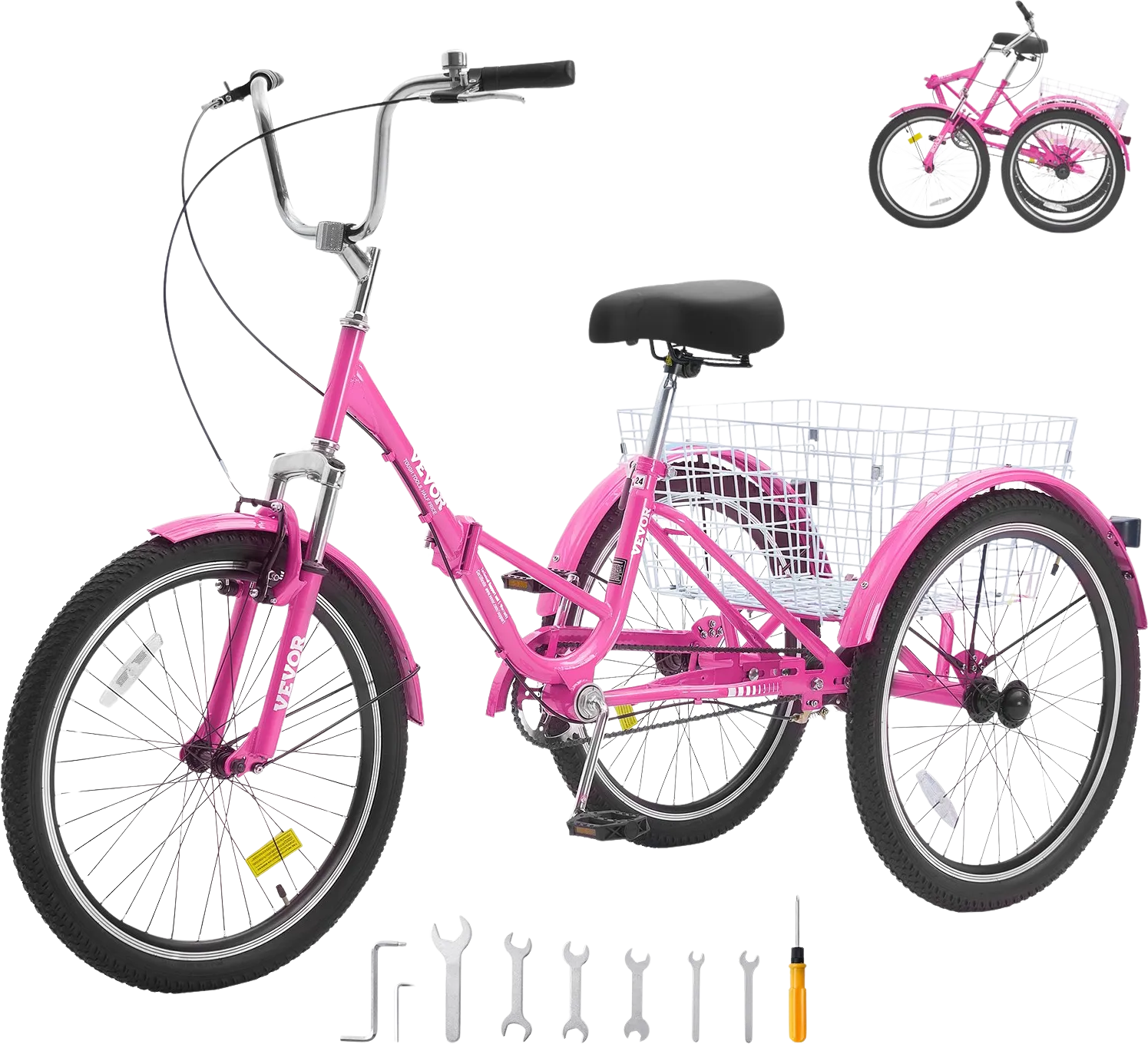 Vevor Adult Tricycle 26" 1-Speed Folding Carbon Steel Cruiser with Large Basket and Adjustable Seat New