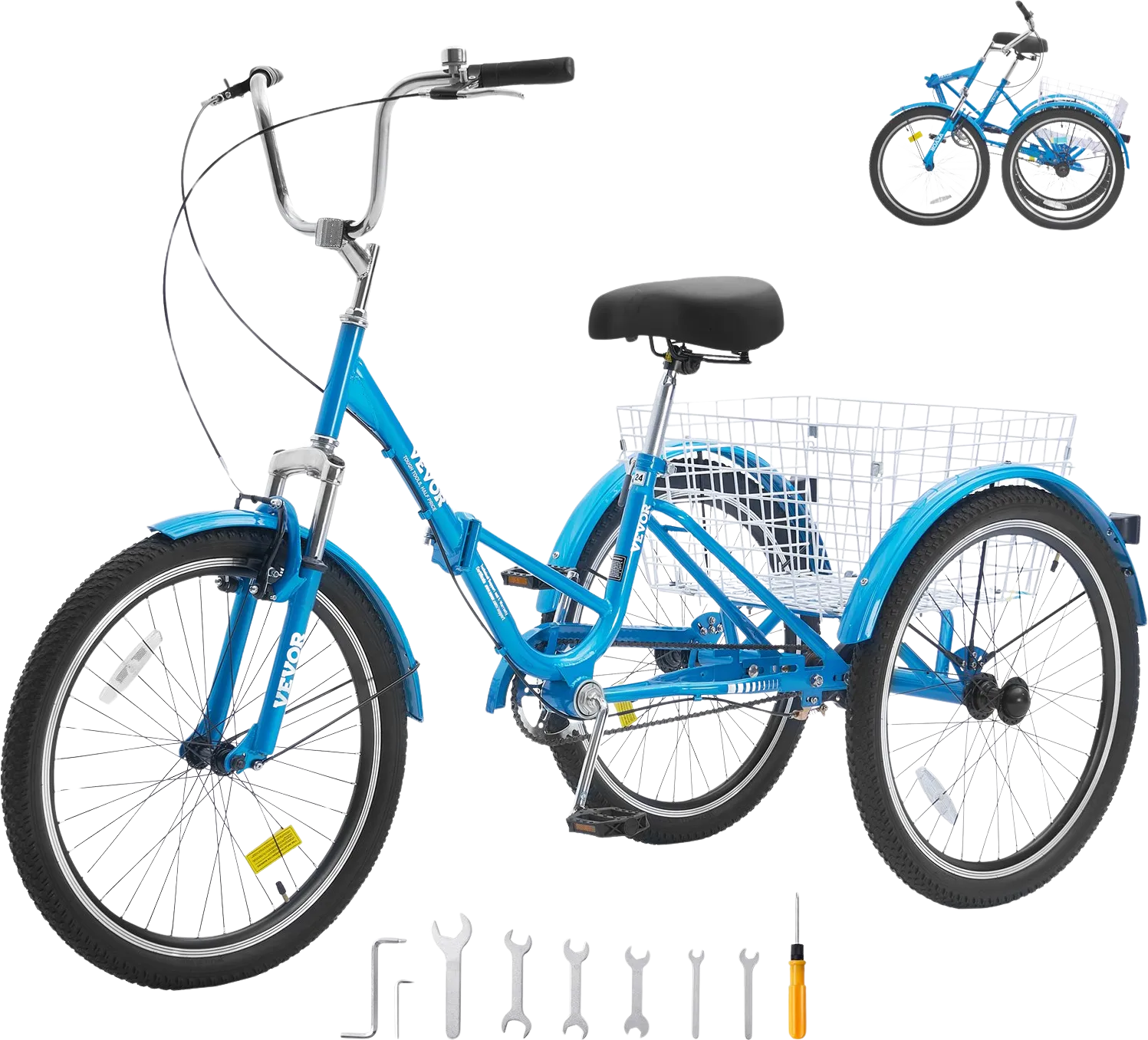 Vevor Adult Tricycle 26" 1-Speed Folding Carbon Steel Cruiser with Large Basket and Adjustable Seat New