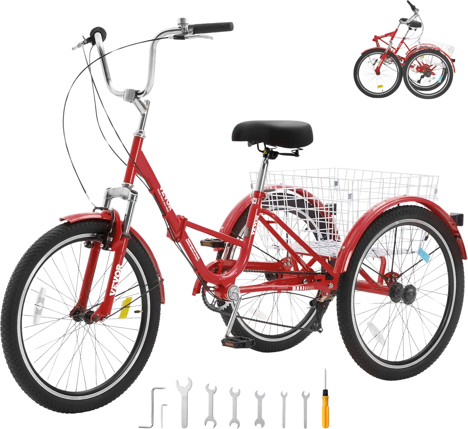 Vevor Adult Tricycle 26" 7-Speed Folding Carbon Steel Cruiser with Large Basket and Adjustable Seat New